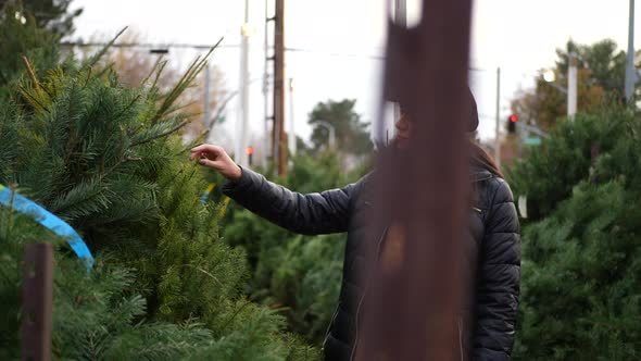 A beautiful woman in a happy holiday spirit smiling while shopping for festive douglas fir Christmas