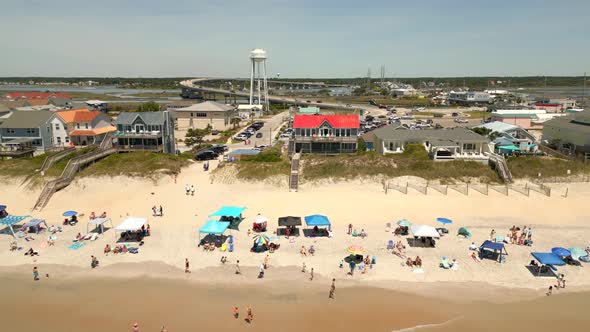 Aerial Footage Tourists On Surf City Beach Nc Usa Summer 2022