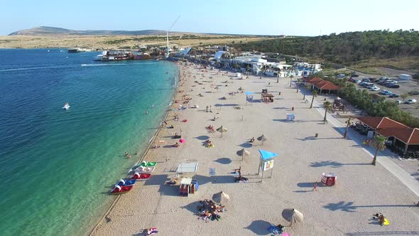 Aerial view of famous zrce party beach of Pag island in the morning, Croatia