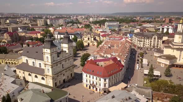 Aerial view of historic center in Ivano-Frankivsk city, Ukraine.
