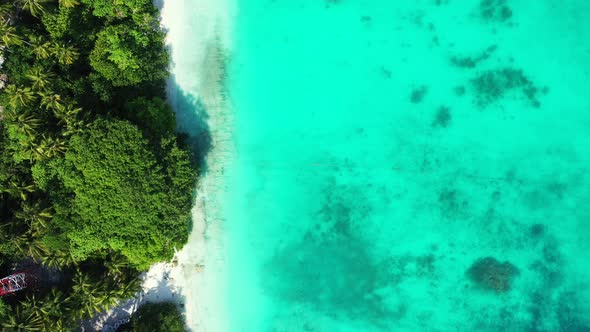 Tropical drone tourism shot of a sunshine white sandy paradise beach and turquoise sea background in