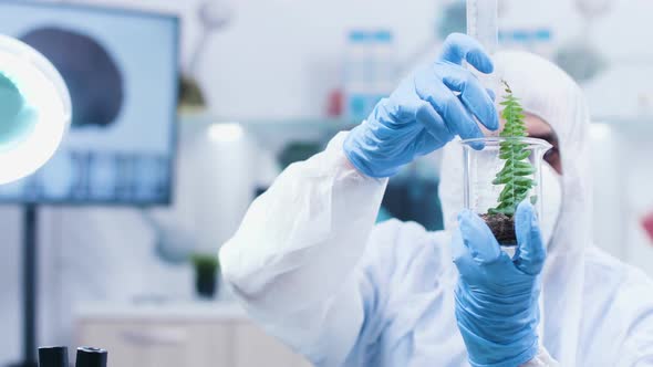 Biotechnologist in White Coverall Measuring with a Ruler the Length of a Sample Plant