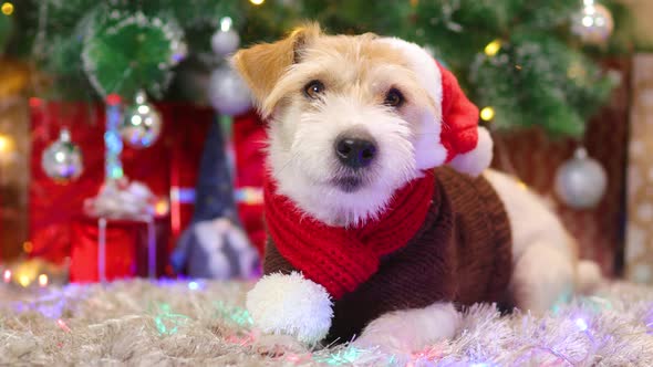 A dog in a red scarf and a cap lies under a Christmas tree with gifts