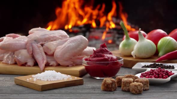 Chicken Wings with Salt, Tomato Sauce and Onions on the Background of the Fire