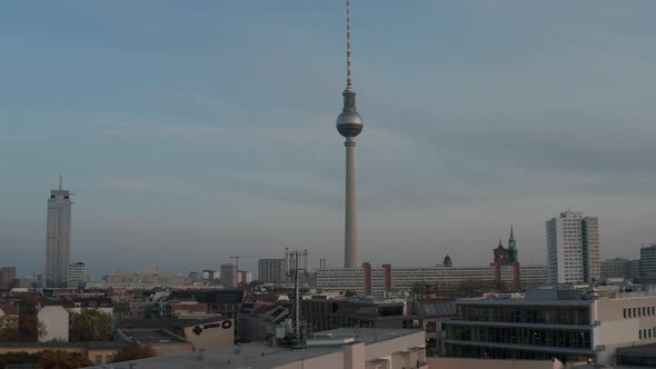 Gradually Approaching Footage to Town Dominant 368 Meters Tall TV Tower Fernsehturm