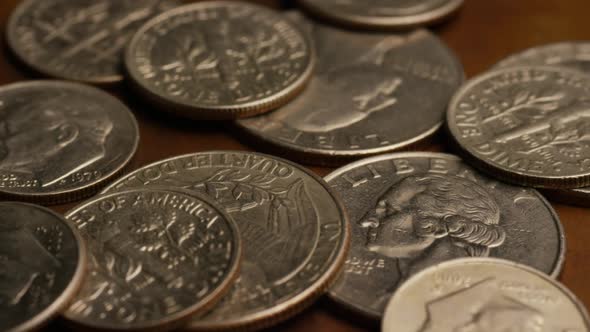 Rotating stock footage shot of American monetary coins 