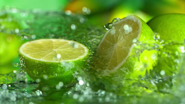 Super Slow Motion Shot of Water Splashing on Fresh Lime 1000Fps