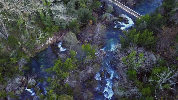 Forest, river and a bridge from above, drone shoots