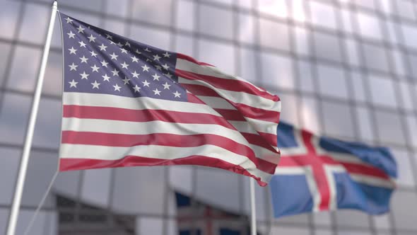 Flags of the USA and Iceland in Front of a Skyscraper Facade