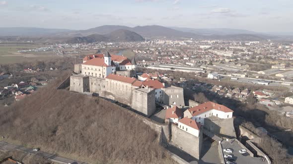 Aerial View From a Drone to Palanok Castle in Mukachevo