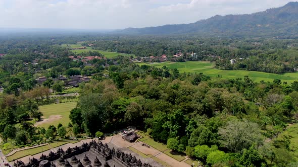 Scenic aerial view of empty Borobudur Temple, Java, Indonesia on sunny day