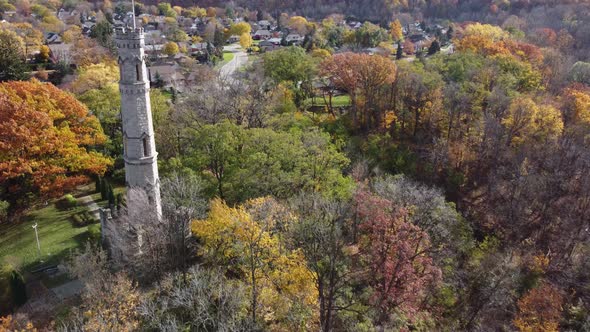 aerial footage of the old castle among the trees in spring