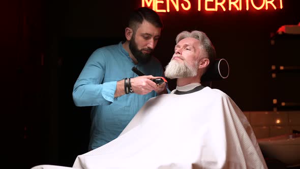 Barber work in a salon for men. A gray-haired man gets a beard trimming service