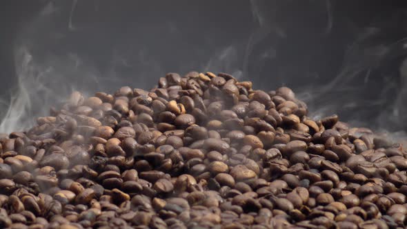 Steam Rising Coffee Beans Heap Close Up