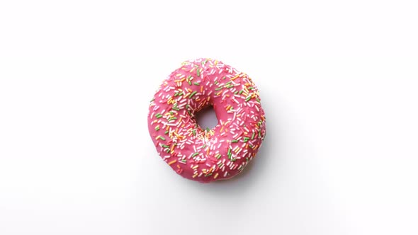 Top View Pink Appetizing Donut Ring Covered By Glazed Chocolate