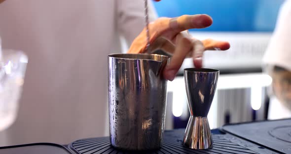 The Bartender Mixes the Components of the Cocktail in a Shaker