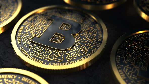 3D rendering of a gold coin Bitcoin, blockchain technology for cryptocurrency.