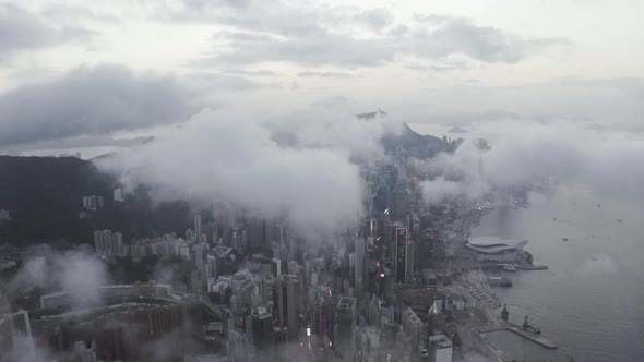 Aerial view of Hong Kong downtown and Kowloon bay in early morning