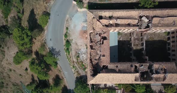 Aerial view of a monastery in ruins