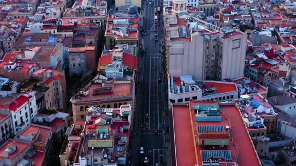 Barcelona Aerial view of Via Laietana at sunset with cityscape, Spain