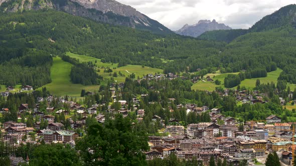 Panoramic Shot of Houses in Cortina d'Ampezzo, Italy, a Town in Dolomites, Southern Alps