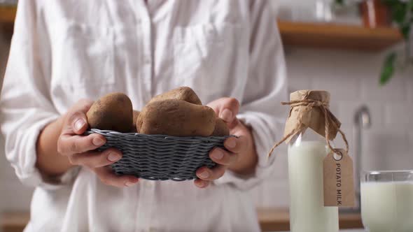 Preparation Of Alternative Milk From Vegetable Products Of Potatoes, Close Up Of Potatoes