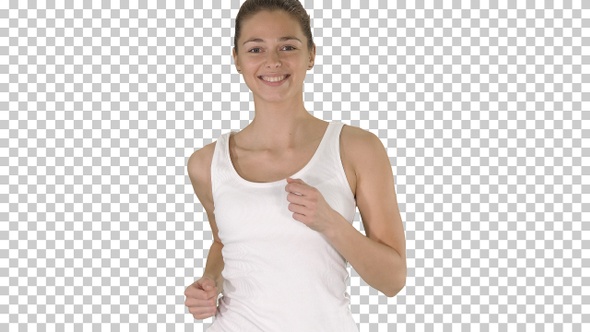 Young woman in white tank shirt running, Alpha Channel