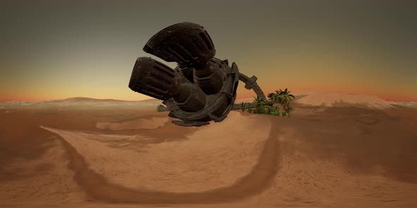 VR360 Old Rusted Alien Spaceship in Desert. Ufo