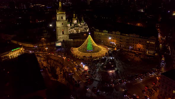 Main Christmas Tree and Festive Illumination on Saint Sophia Square in Kyiv