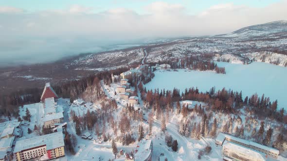 Strbske Pleso frozen lake in sky resort in Tatry National Park, Slovakia