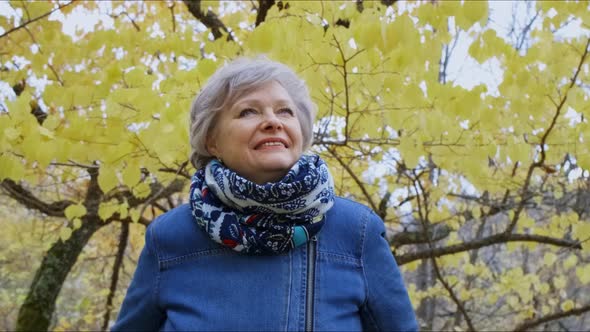 Elderly Woman Walks in the Park in Autumn and Relaxes.