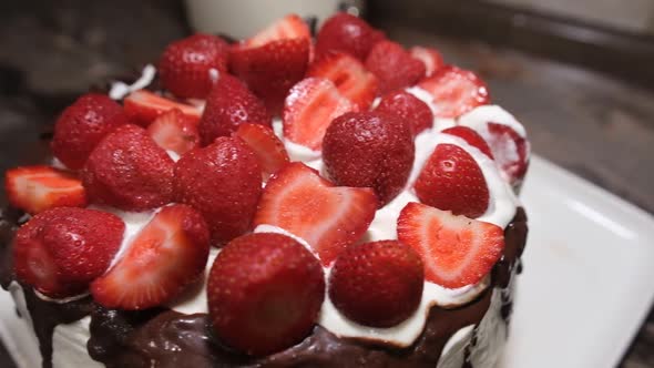 Cake with chocolate and strawberries beautiful and delicious hommade cake