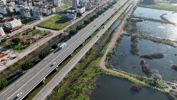 Road traffic on the bridge Aerial View 4 K Turkey Manavgat