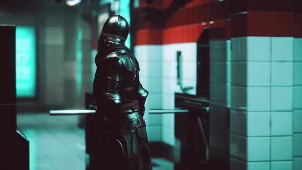 Ancient Metal Armored Knight in Metro Subway alt