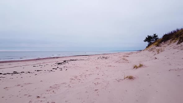 Beautiful aerial view of the Baltic sea coastline, overcast day, white sand beach affected by sea co