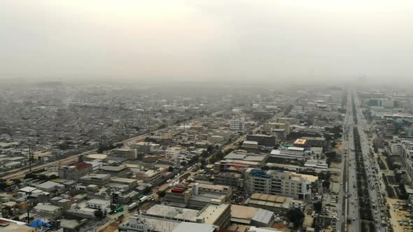 Aerial High Angle View Of Karachi Cityscape, Pakistan. Pan Left