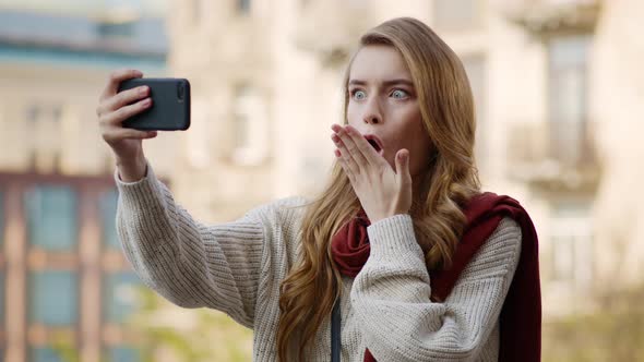 Funny Girl Posing Phone Camera, Grimacing Woman Taking Selfies By Phone Outdoors