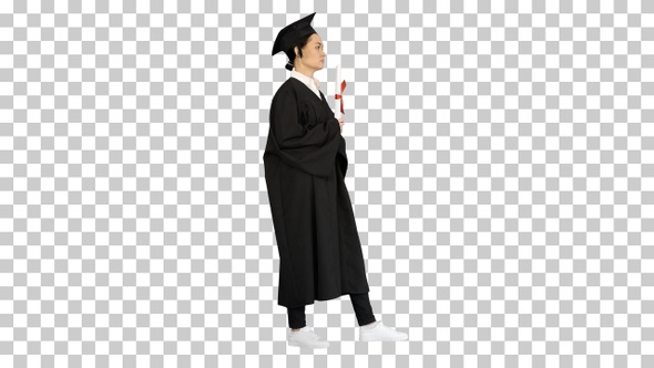 Female student in graduation robe holding, Alpha Channel