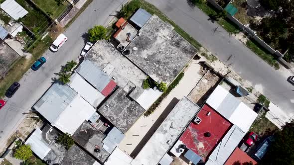 Aerial drone rising and looking straight down onto a small poor neighbourhood in a small town in Qui