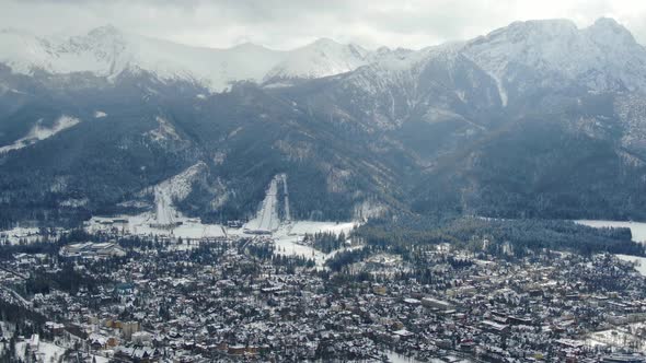 Drone approaching The Great Krokiew ski jumping hill in Zakopane, Poland