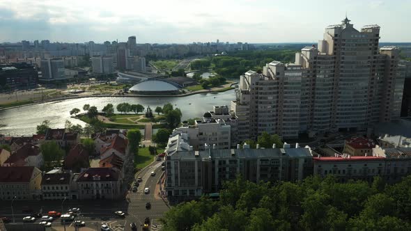 View From the Height of the Old Part of the City of Minsk,the Sports Palace and Pobediteley Avenue