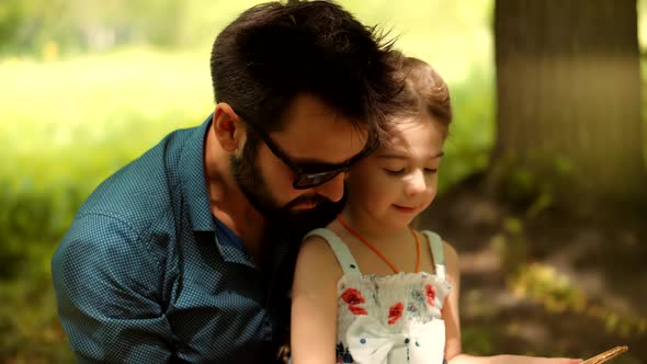 Single Parent Dad Teach Adorable Cute Preschool Child Girl. Cheerful Daughter Education Learn Book.