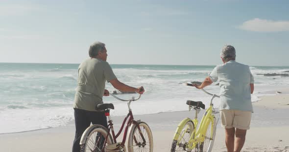 Back view of hispanic senior couple walking with bikes on beach at sunset