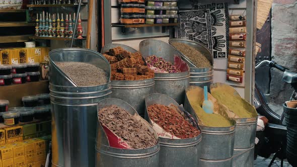 Selection of Different Arabian Spices on a Traditional Moroccan Market Souk in Marrakech, Morocco. A