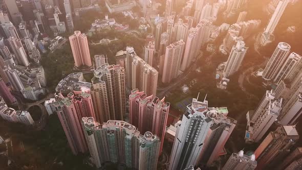 Aerial view of Hong Kong Downtown in city in Asia. Top view of skyscraper and high-rise buildings.