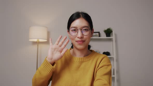 Portrait of a young woman wearing glasses and online meeting say hello.