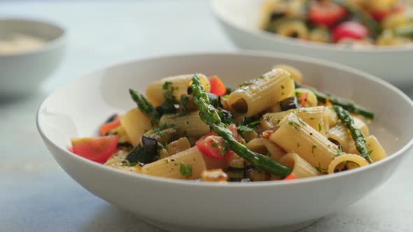 Pasta Salad with Grilled Vegetables Zucchini Eggplant Asparagus and Tomatoes