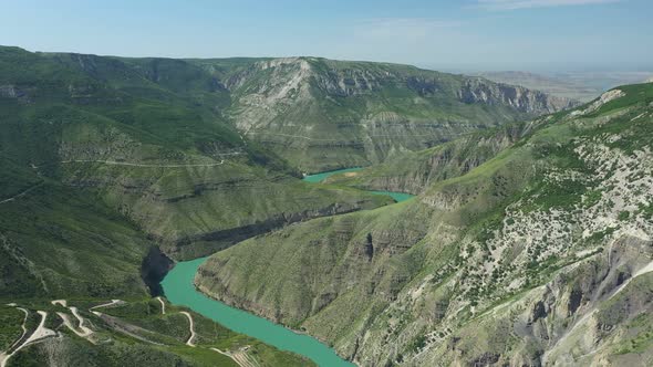 Turquoise Sulak River Among Rocky Mountains