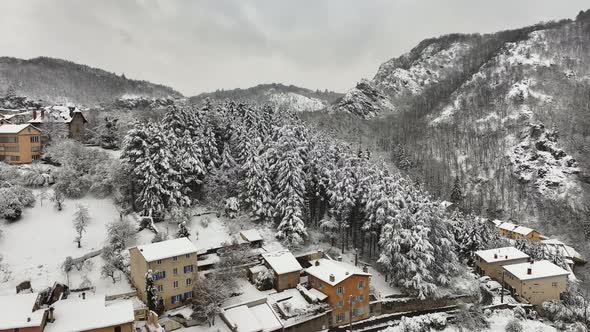 Aerial Winter Landscape of Dense Historic Center of Thiers Town in PuydeDome Department