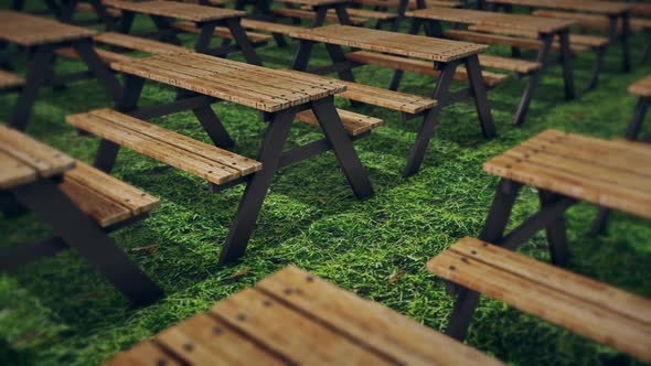 A Lot Of Wooden Picnic Table Isolated On Green Grass Hd